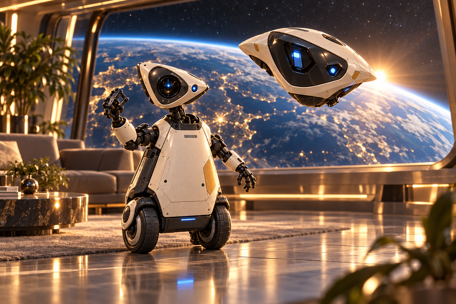 Two robot companions together above Earth