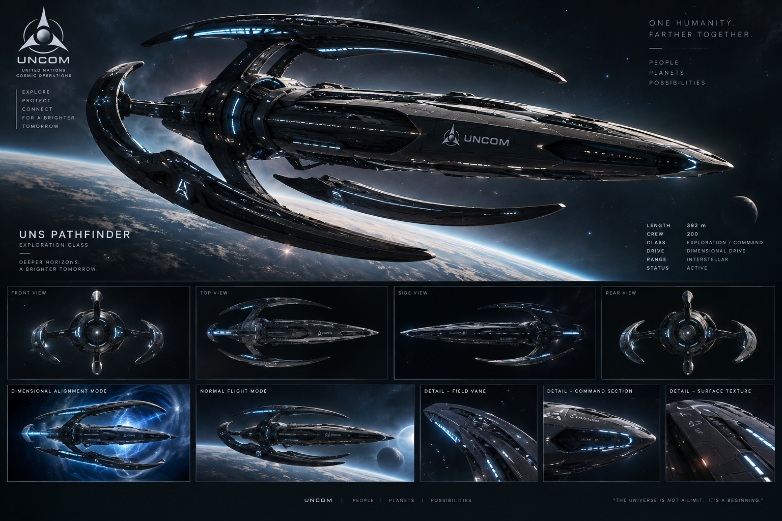 The approved UNCOM hero starship design board, including its views, operating modes and details