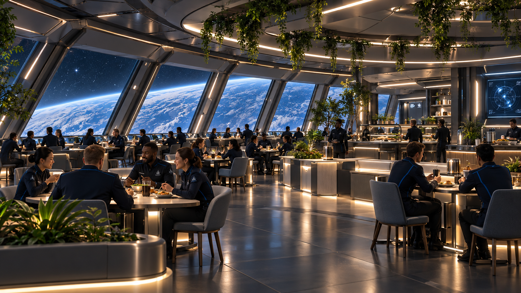 Crew members sharing a meal in a warm social lounge aboard the UNCOM ship, with Earth through the panoramic windows