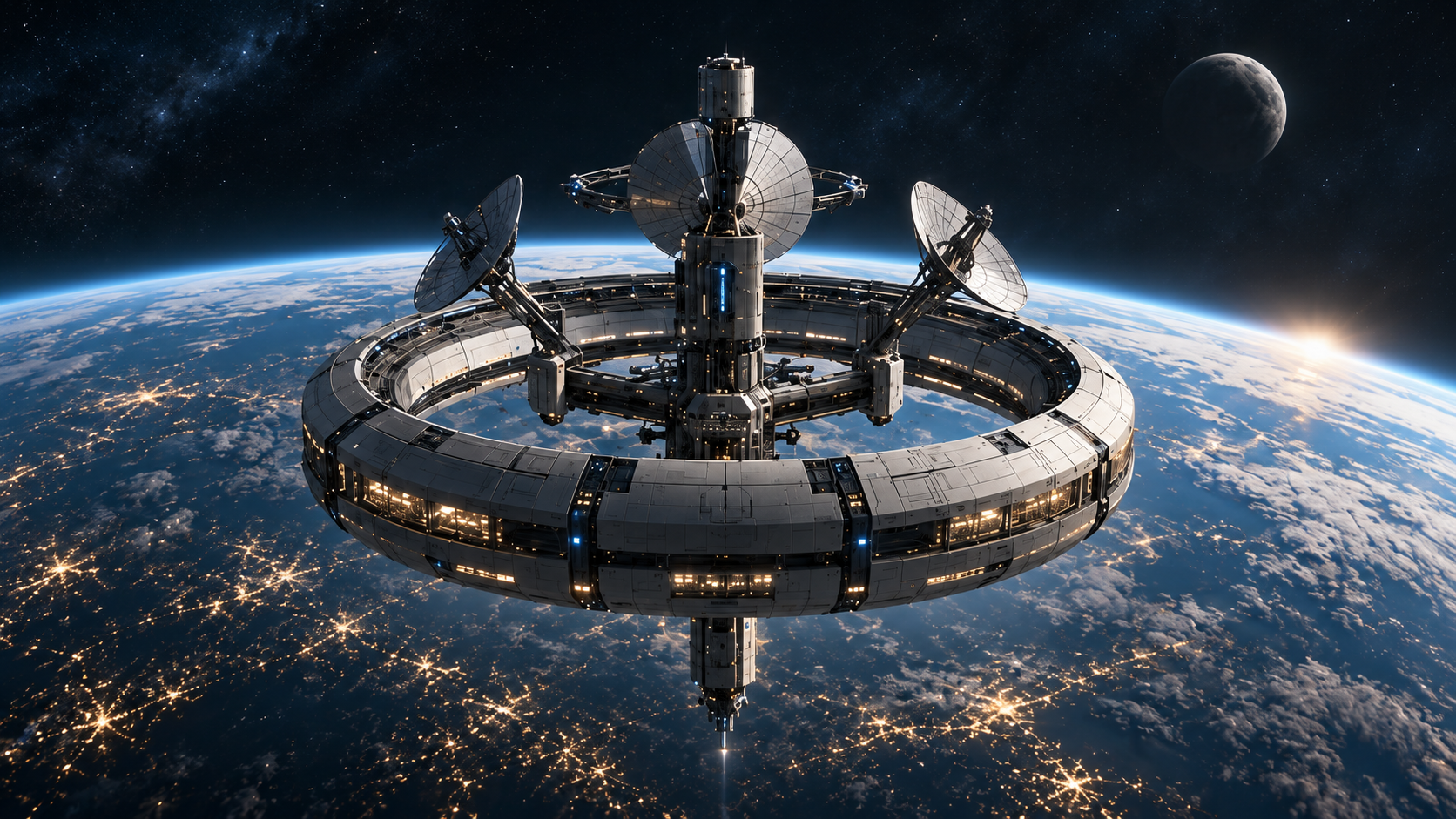 A ring-shaped research station with scientific instrument arrays in orbit above Earth